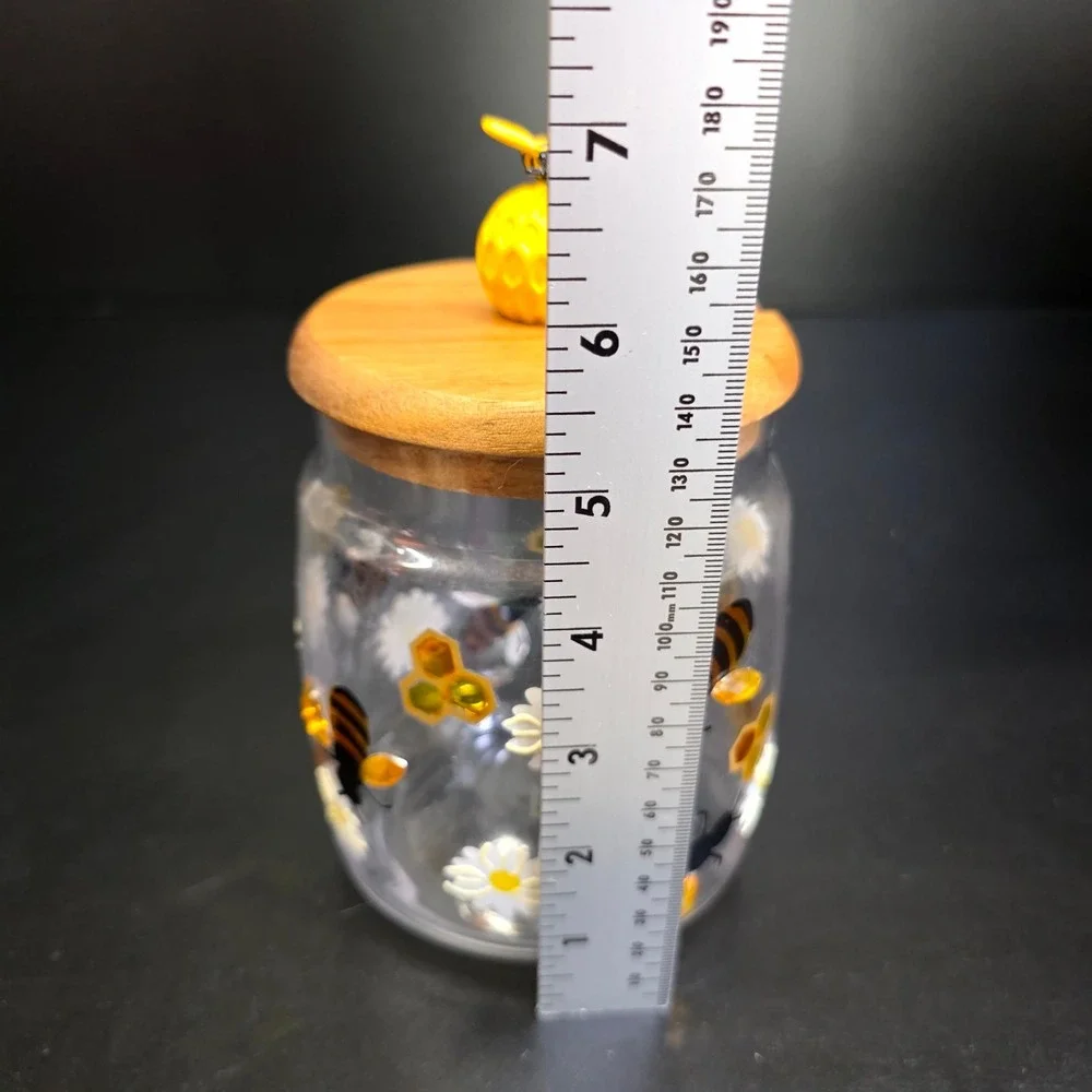 Honey Jar Small Clear Yellow Bee Daisy Glass Wood Lid Decor Cottagecore Honey
